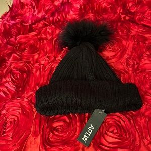 Apt. 9 Pink Knit Beanie Faux Fur Pom Cap Hat black
